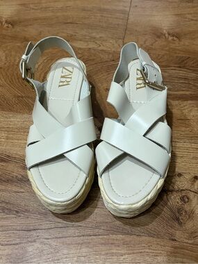 ZARA Cream Cross-Strap Espadrille Wedge Sandals EU 39 US 8